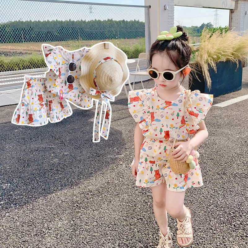 Summer Girls Fashion Holiday Set 2023 Little Girl Lotus Leaf Sleeve Beach Style Cartoon Set+Sun Visor Kids Casual Cute Clothing