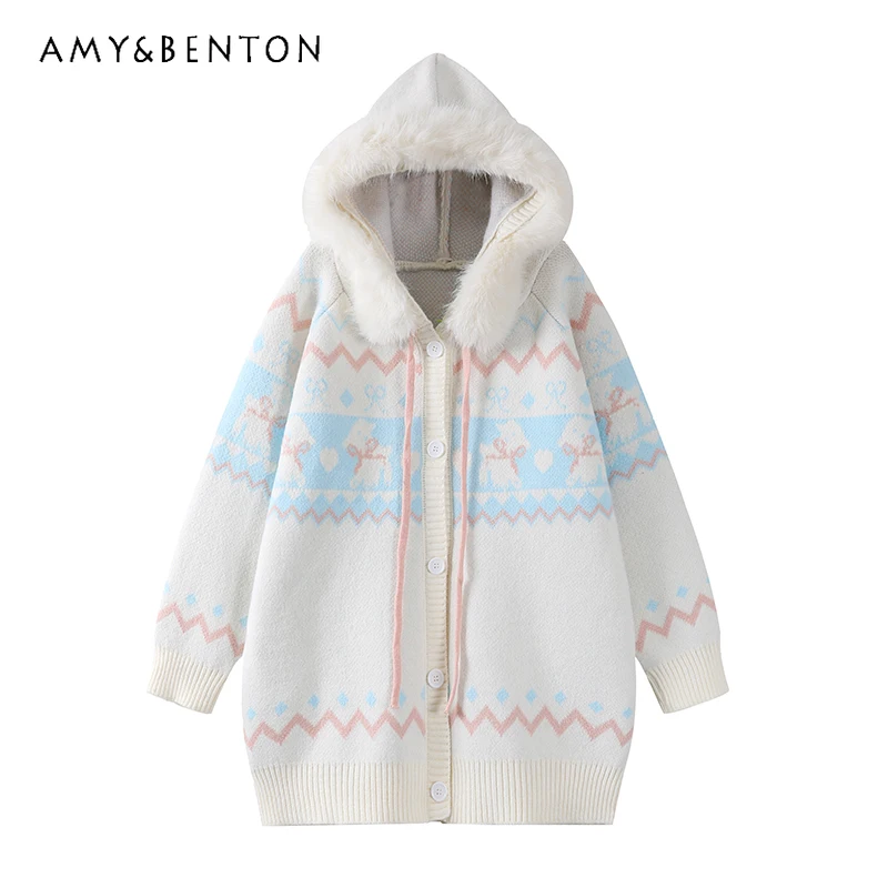 

Осень-зима 2022, новый серый, красный свитер с капюшоном, женский синий, белый, средней длины, свободный повседневный однобортный вязаный кардиган