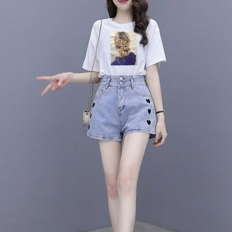 Women's Fashion Suit Summer New Korean Style Clothing White Short Sleeve Shirts Crop Tops Denim Shorts 2 Two Piece Set For Women