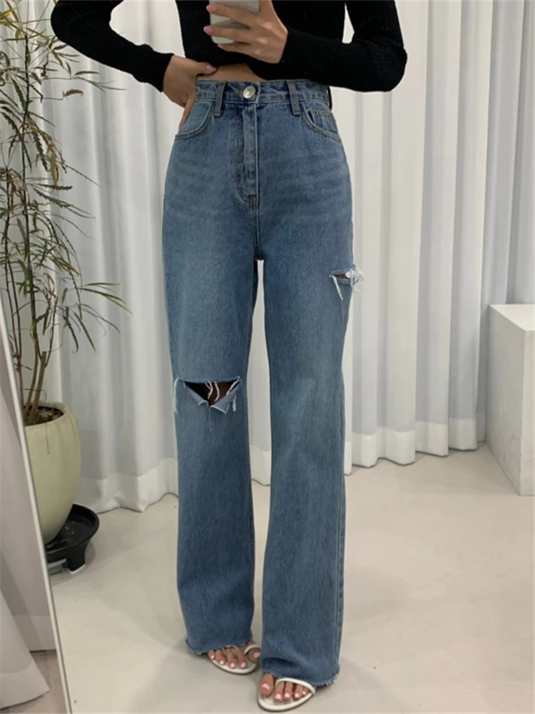 Imagem -06 - Realeft Primavera Verão Buraco Denim Calças Perna Larga para Mulheres 2023 Nova Cintura Alta Casual Rua Azul Cowboy Jeans Chique Trourses Feminino