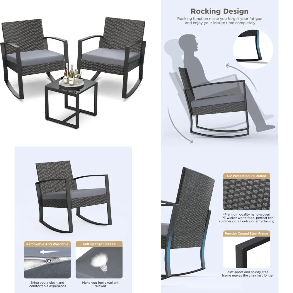 

3 Pieces Patio Furniture Set Rocking Bistro Set Outdoor Rattan Conversation with Coffee Table for Garden Balcony Backyard Poolsi