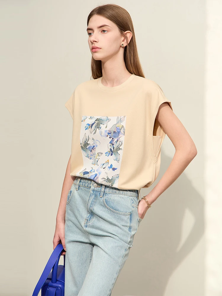 Amii Minimalism T-shirts For Women 2024 Summer New Casual O-neck Oil Painting Flowers Printed Loose Trendy Chic Tops 12422098