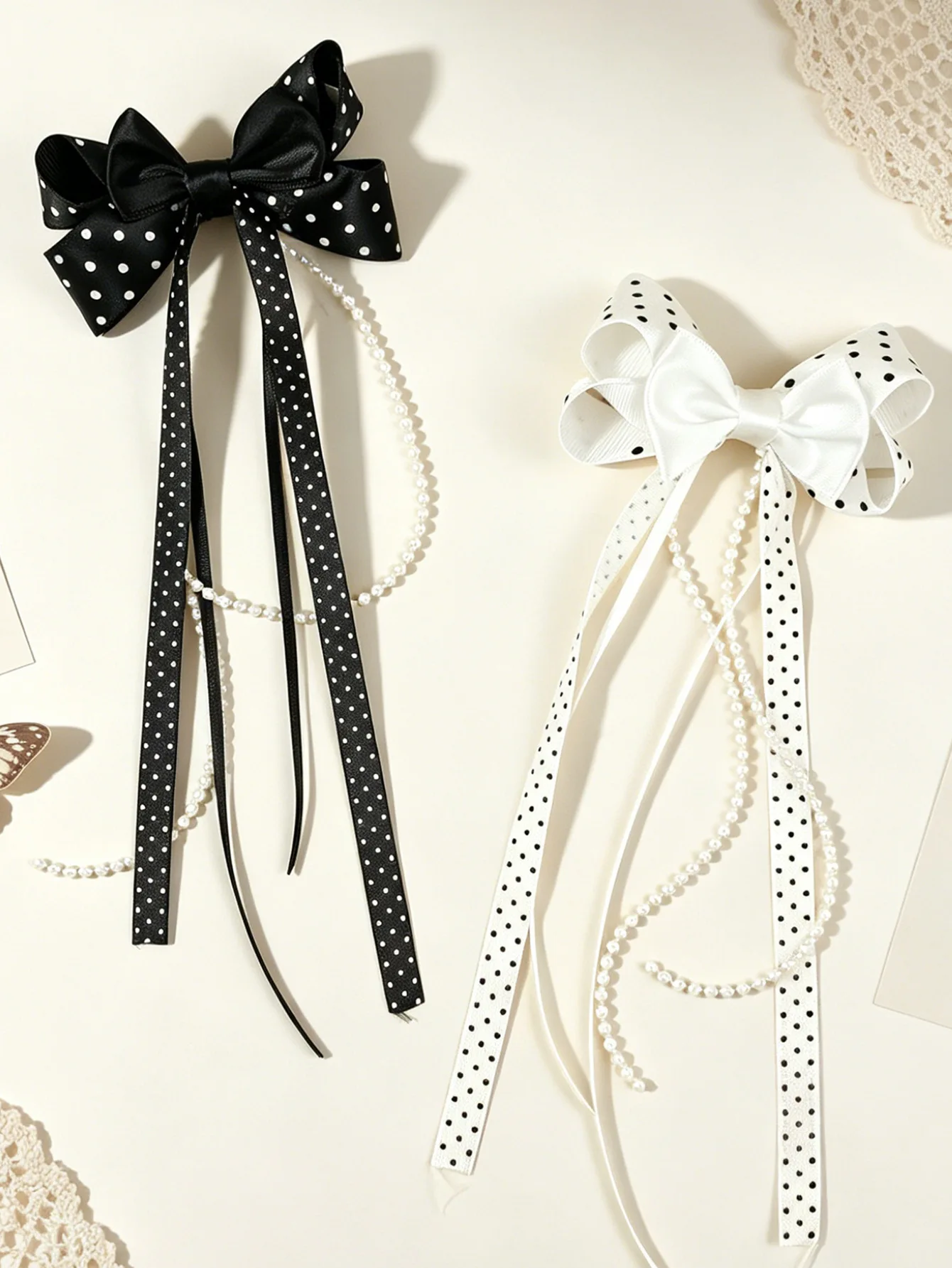 24PC Long Tassel Spotty Hair Clips for Women And Girls with Pearl Trim Dot Spot Print Side Hairgrips Hair Accessories Bulk