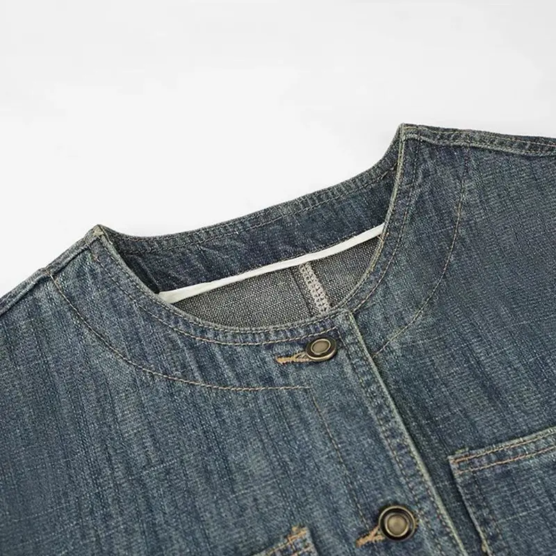 Schicke Frühling Sommer neue modische Damen Jeans jacke locker pendeln lässig Spleißen Retro Rundhals ausschnitt kurze Jeans Mantel Top