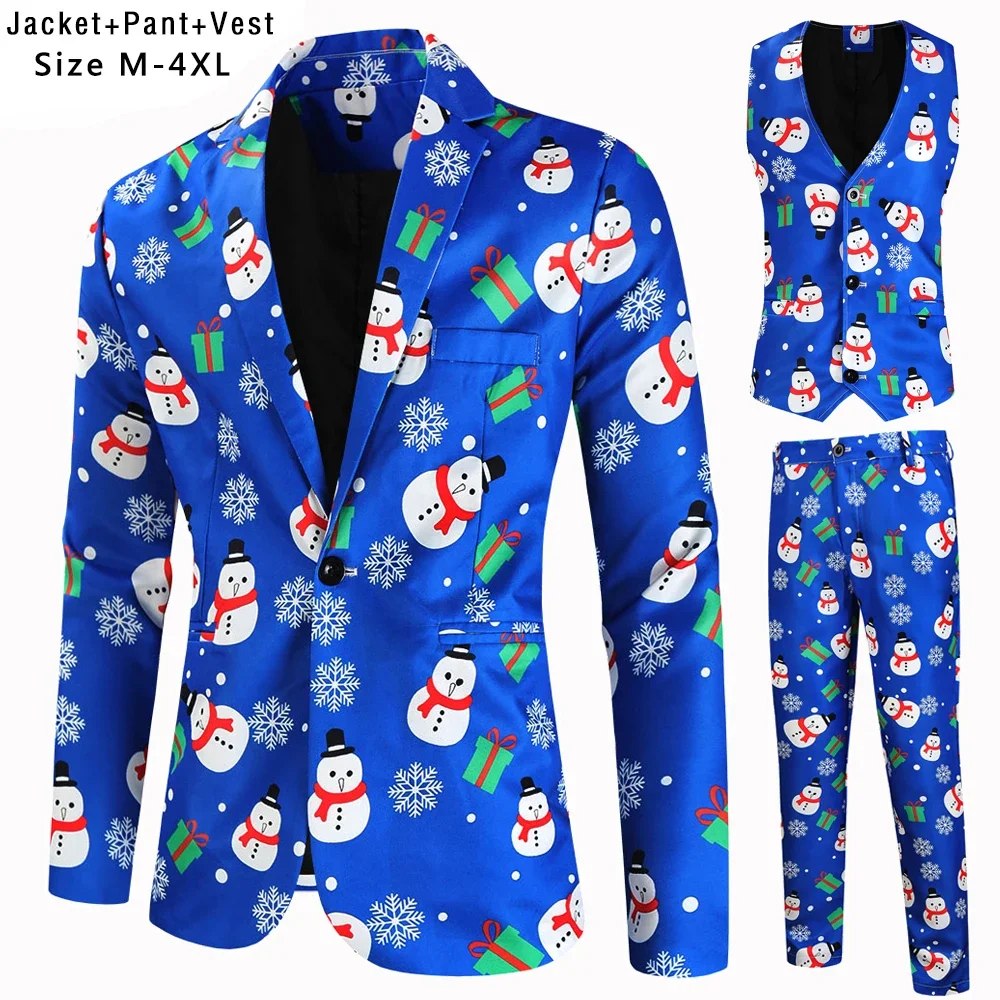 4XL New Red Santa Claus Printed 3 Piece Suits for Men Christmas Party Stage Funny Mens Blazer Sets （ Blazers + Vest + Trousers ）