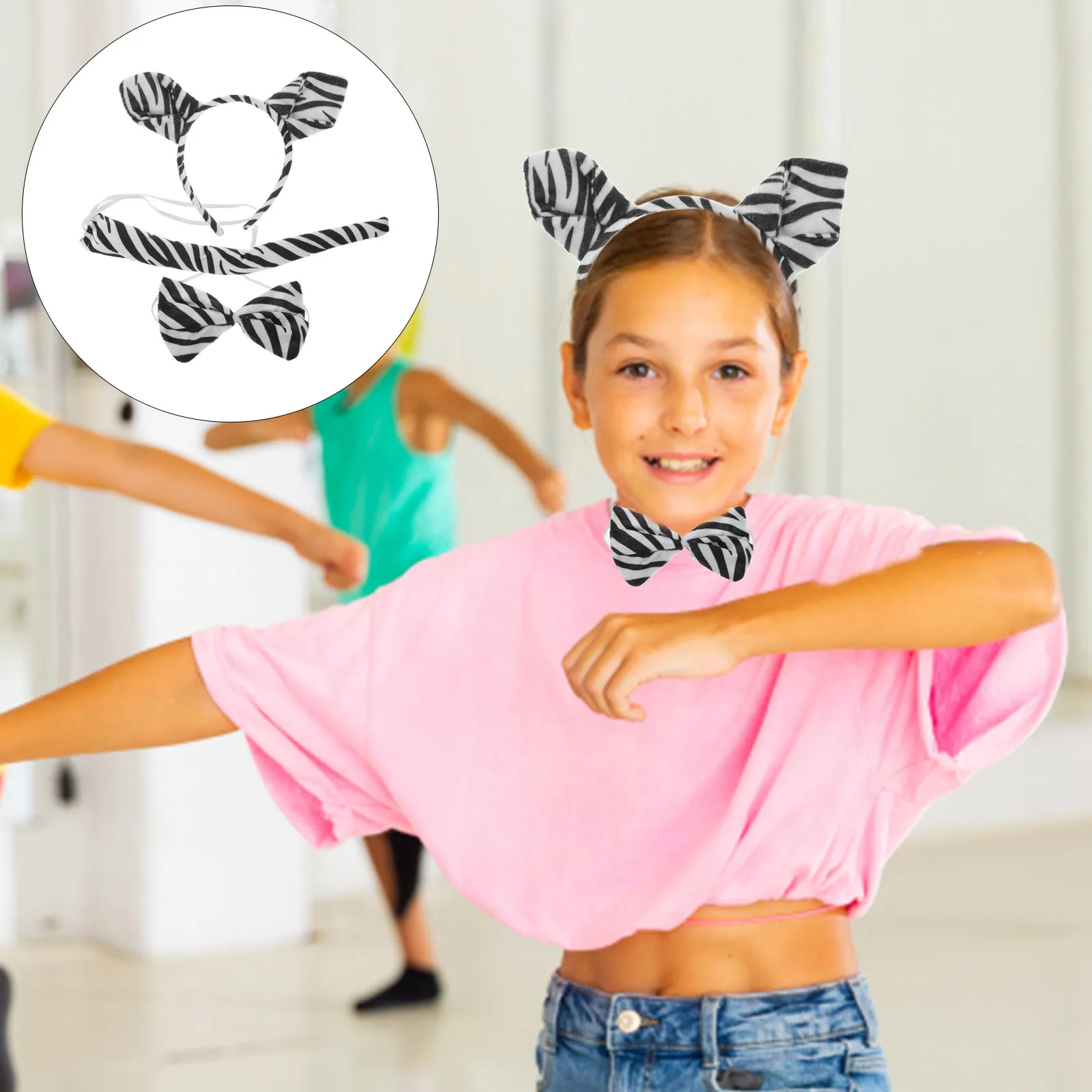 1세트 얼룩말 의상 동물 귀 머리띠 나비넥타이 꼬리 코스프레 파티 액세서리 할로윈 축제 소품 얼룩말 의상 세트