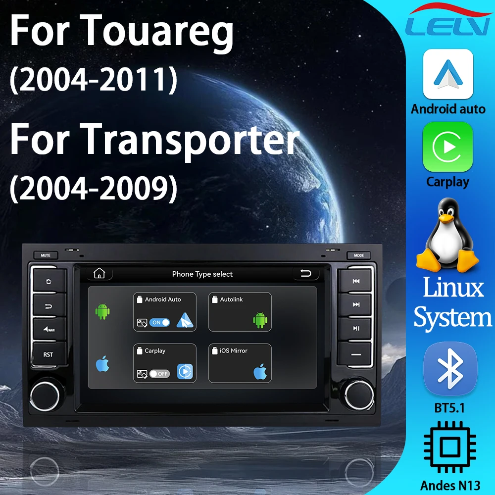 Reproductor Multimedia para Automóvil LELV de 7 Pulgadas con Sistema Linux para VW Volkswagen Touareg Transporter 2004-2011 con CarPlay, Android Auto, GPS, BT5