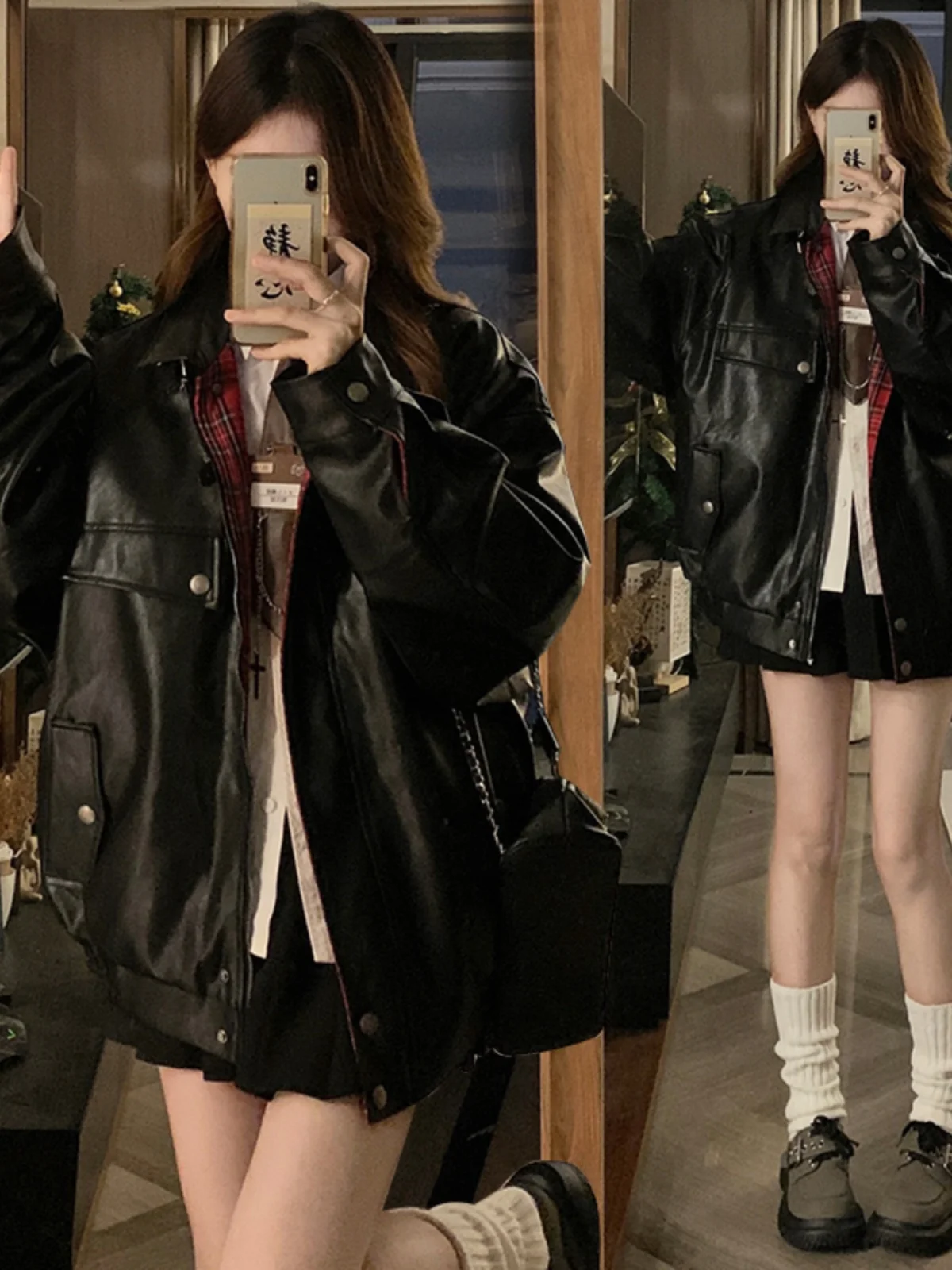 เสื้อแจ็คเก็ตหนัง PU ลายสก็อตแบบสองด้าน สไตล์หลวมสำหรับผู้หญิง ขี่มอเตอร์ไซค์ แฟชั่นใหม่ ฤดูใบไม้ผลิ ฤดูใบไม้ร่วง แบรนด์แฟชั่น สำหรับคู่รัก เสื้อคลุม