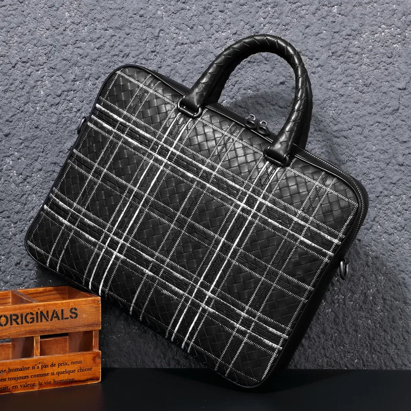 New Genuine Messenger Luxury Bag Leather Men Woven Large Capacity Briefcase Casual Top Layer Cowhide Men's Handbag Brief Case