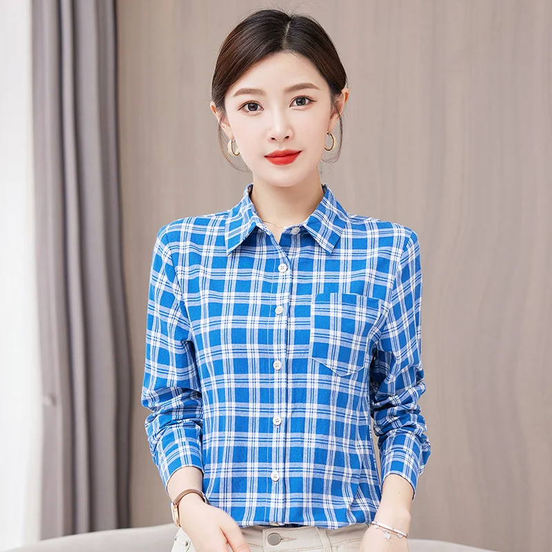 New Female Spring And Autumn Korean Edition Loose Versatile Checkered Shirt Women\'S Long Sleeved Fashion Pure Cotton Casual Top