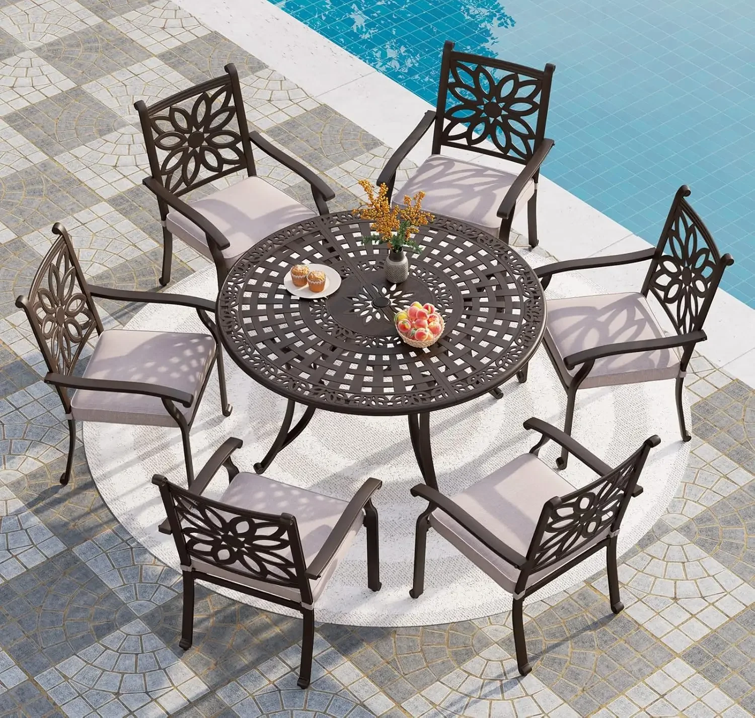 

Round Patio Dining Tables for 6 Person, Outdoor Aluminum Table 54" Dia with 2.1" Umbrella Hole