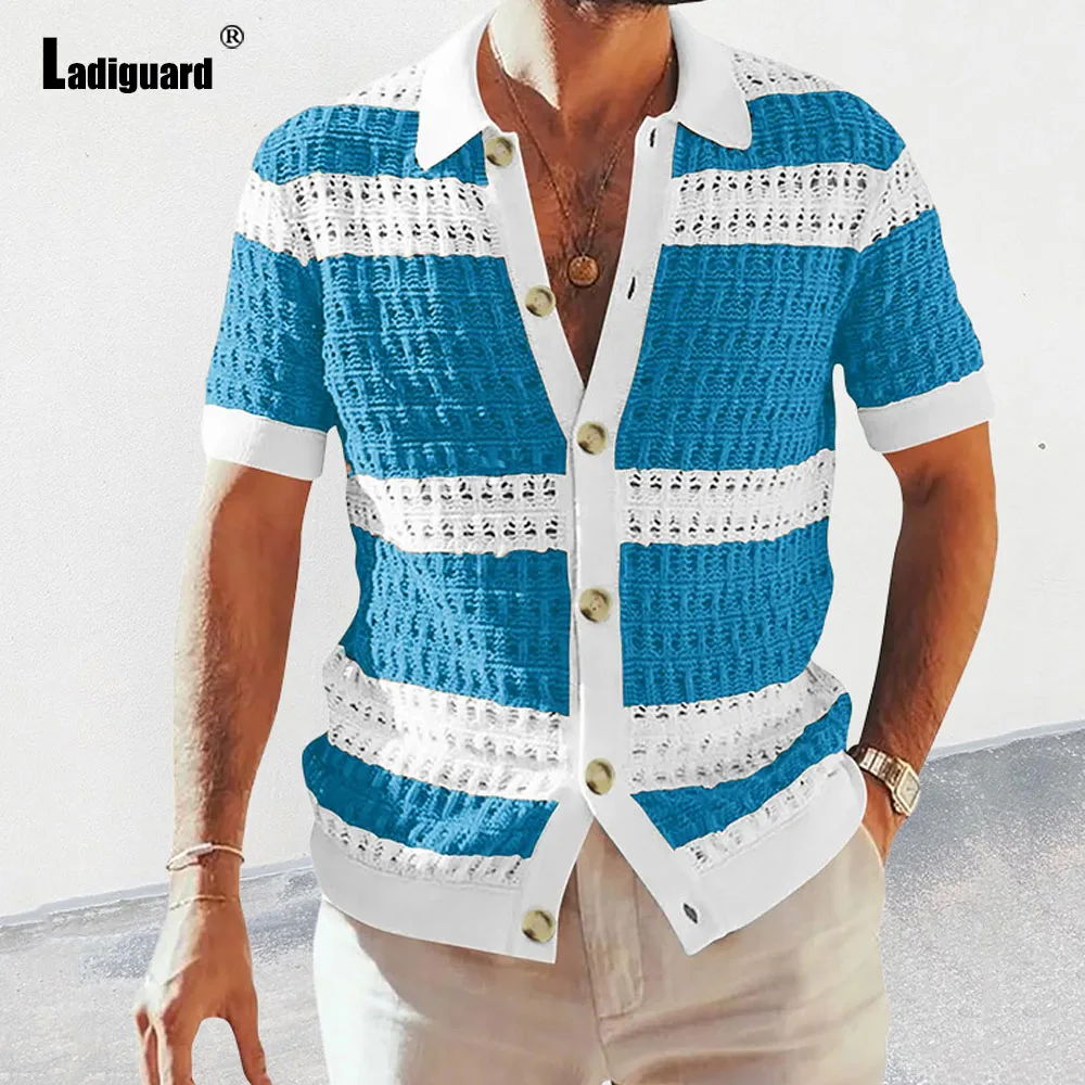 Ladguard-blusas de tricô de manga curta para homens, tamanho grande, cardigans listrados, tamanho grande, moda, para a praia, novo verão 2024