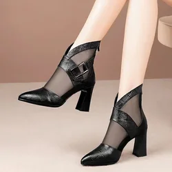 2024 Summer Women Ankle Boots Hollow Mesh Breathable Chunky High Heels Soild Casual Female Shoes PU All-matching