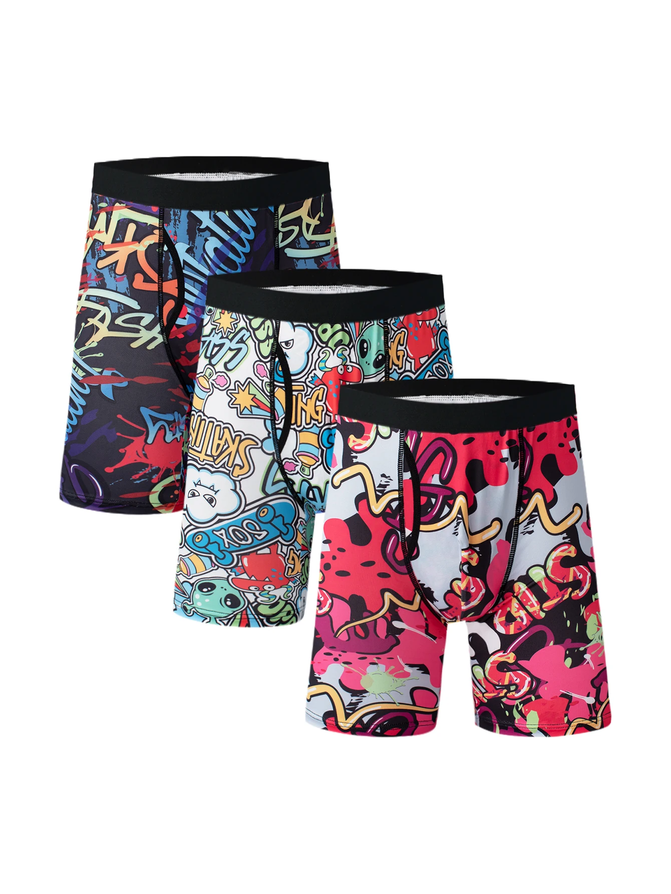 Explosion 3 pairs of men\'s long underwear graffiti trend boxer shorts open crotch boys bottoms comfortable