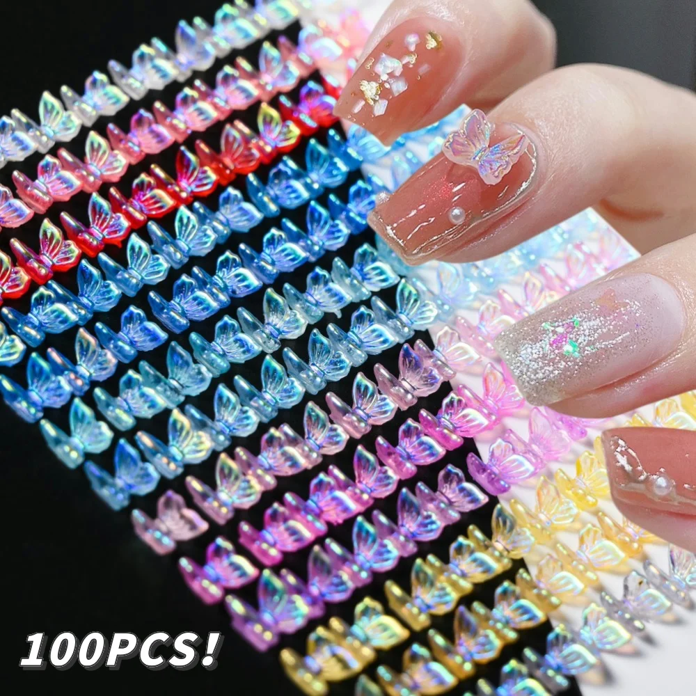 100 Uds 6*6mm 3D Aurora arco piezas de Arte de uñas encantos a granel brillante Mini resina mariposa uñas diamantes de imitación DIY Bowknot decoración de uñas #