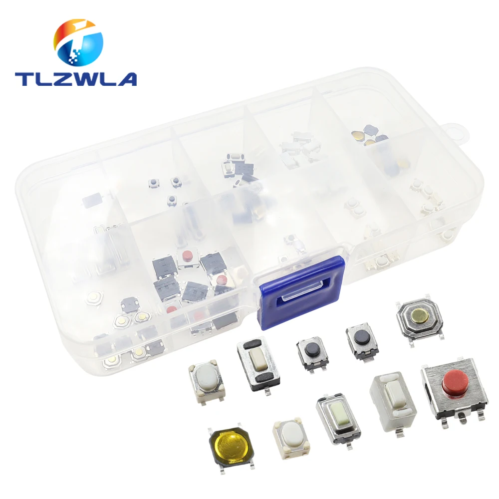 100 szt. 10 modeli przełącznik taktowy dotykowy zestaw przełączników przyciskowych: 3*4*2mm 3x6x4.3mm 2Pin 3x6x2.5mm 4*4*1.5mm SMD 4 stopy