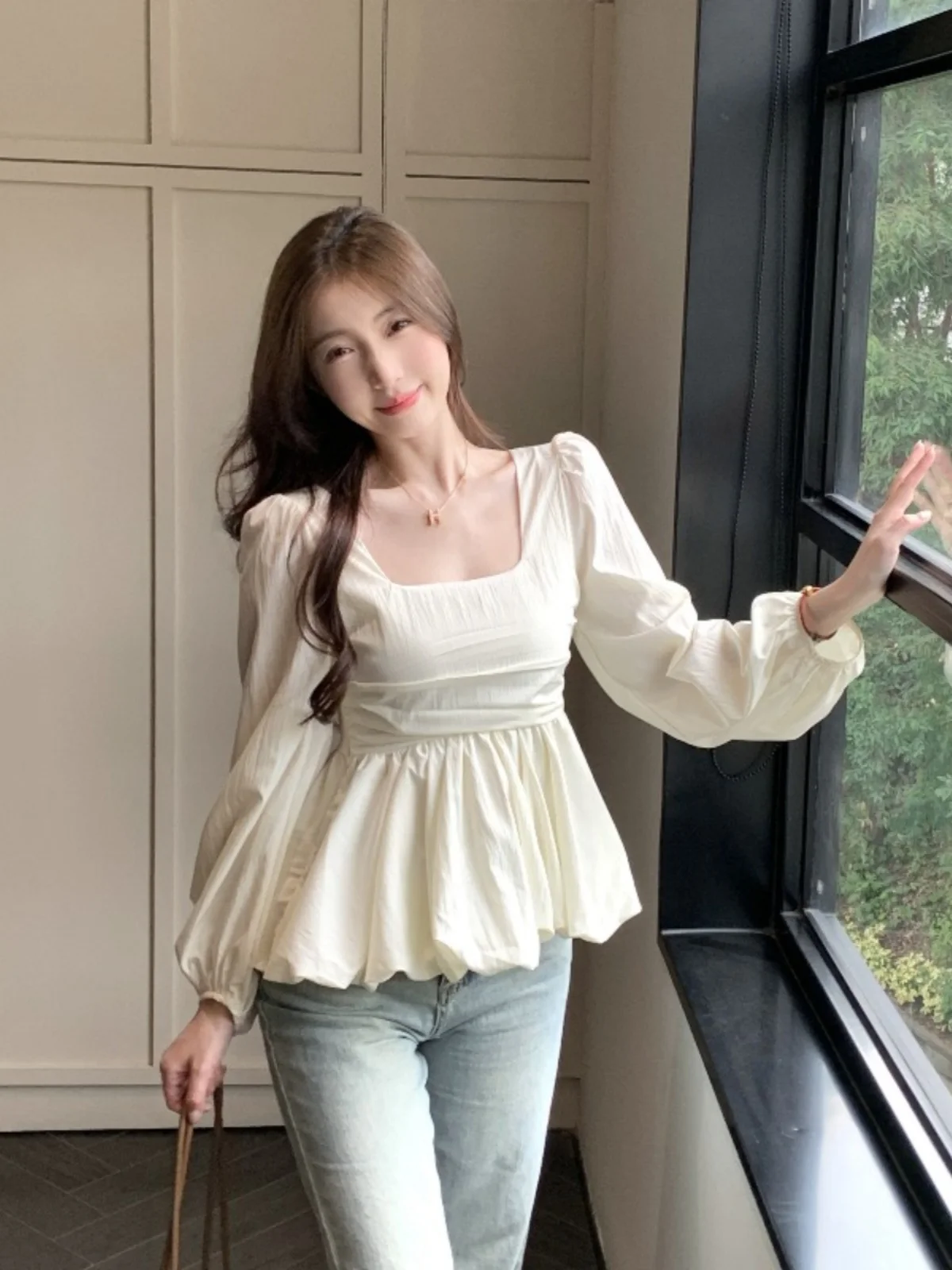 

Ele Large Size Women's irt Square Collar Bubble Sve Faion Design Autumn New Sle Slim Fit Korean Version Bright T...