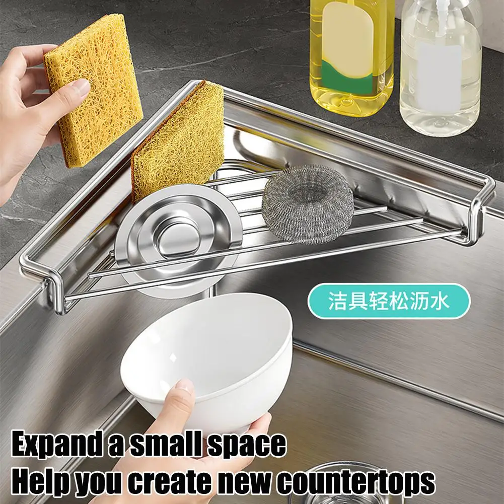 Stainless Steel Sink Corner Drain Rack, No Drilling Rustproof Triangle Kitchen Storage Organizer, Space Saving Over Sink