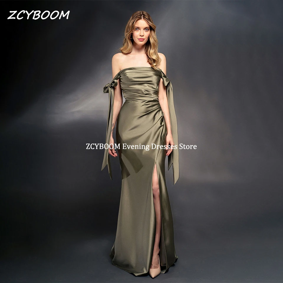 

Sexy Green Off The Shoulder Mermaid Sleeveless Evening Dresses 2024 Solid Color Satin Side Slit Cocktail Party Women Prom Gowns