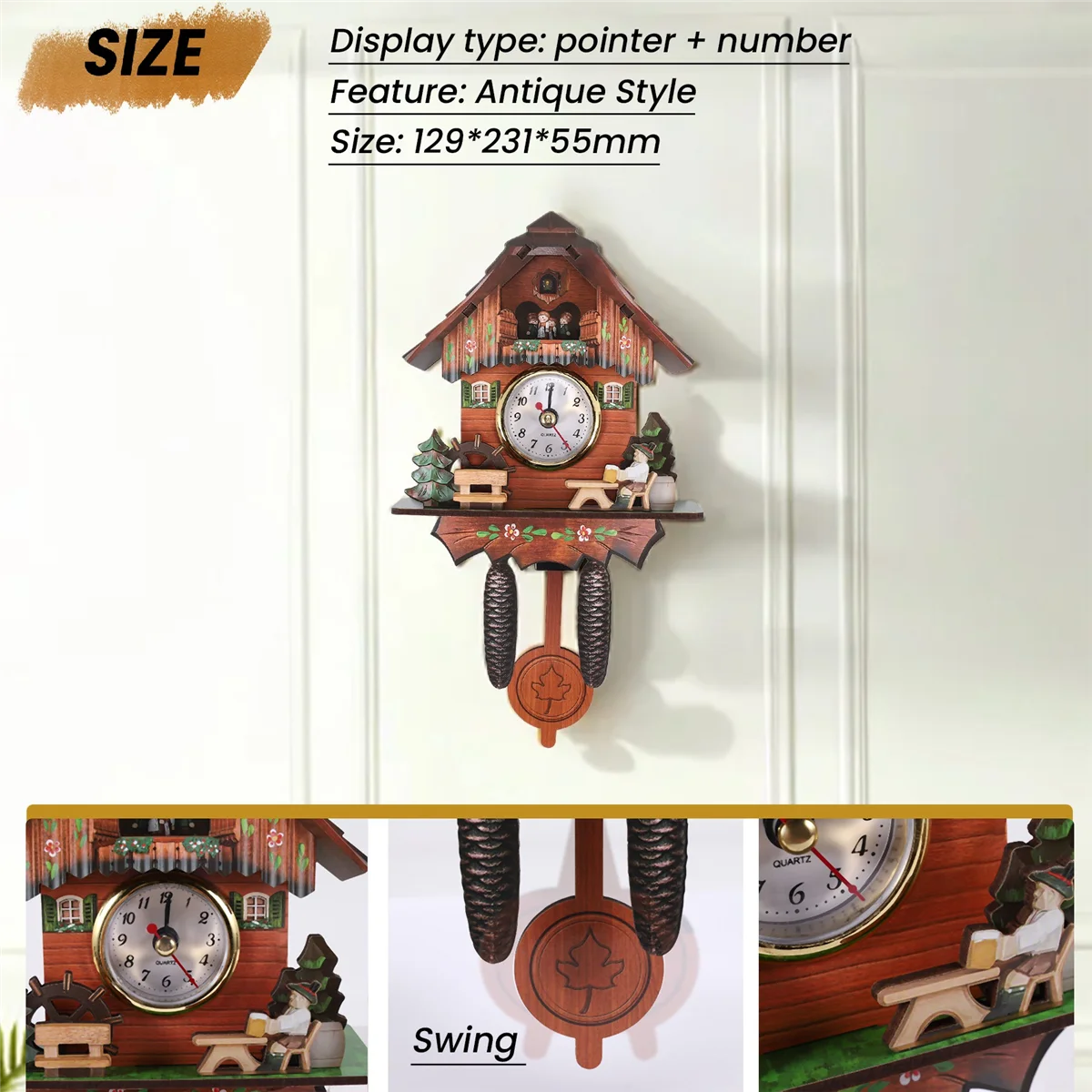 Wygodowy antyczny drewniany zegar ścienny z kukułką ptak czas dzwonek huśtawka budzik Home Art Decor 006