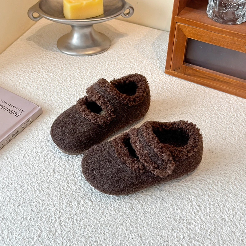 Winter New Children Flat Shoes Fur Cover Toe Light Warm Kids Casual Shoe 2025 Plush Warm Non-slip Leisure Comfy Boys Girls Shoe