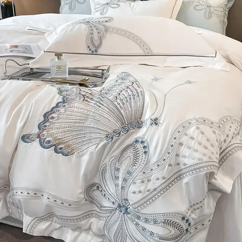 White Egypt Cotton Luxury Butterfly Embroidery Bedding Set Duvet Cover Bed Linen Sheet Pillowcase Double King Size Quilt Covers