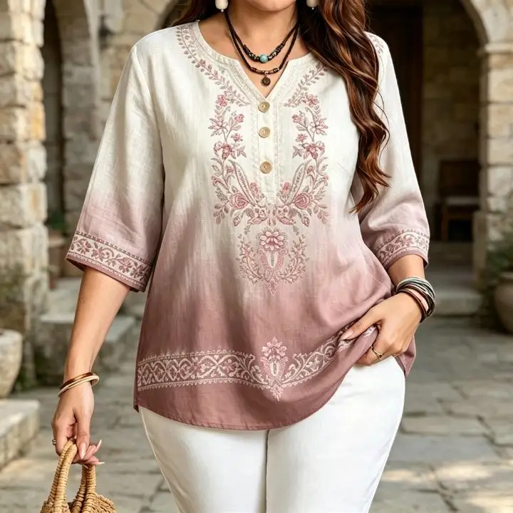 Women 3/4 Sleeve V‑Neck Blouse Button Detail Ombre Bohemian Floral Embroidery Print Loose Casual Ladies Tops