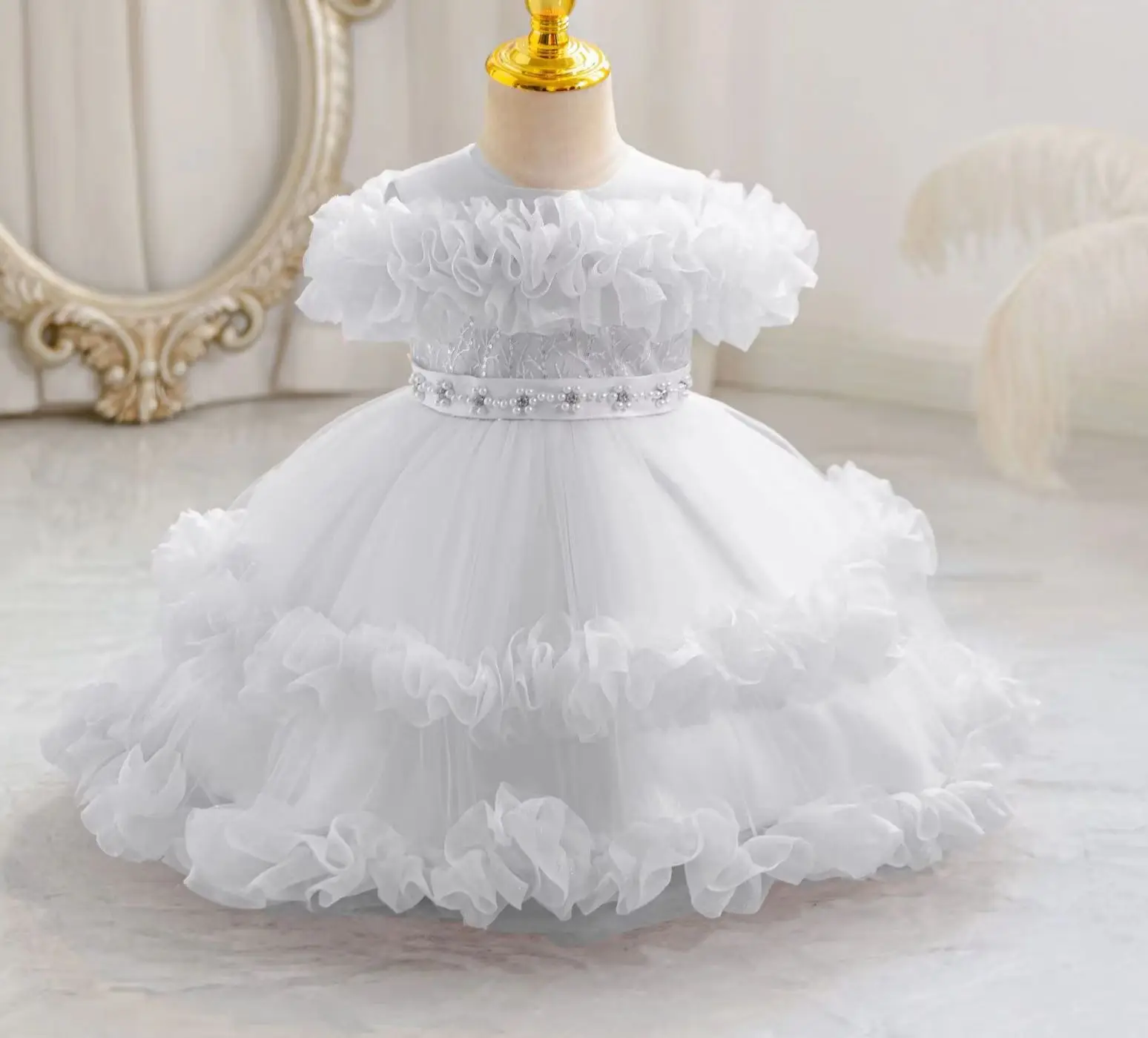 Baby Girl Party Dress Ruffles Sequins Girls' Princess Dresses Beading Puffy Girly Clothes Ball Gown