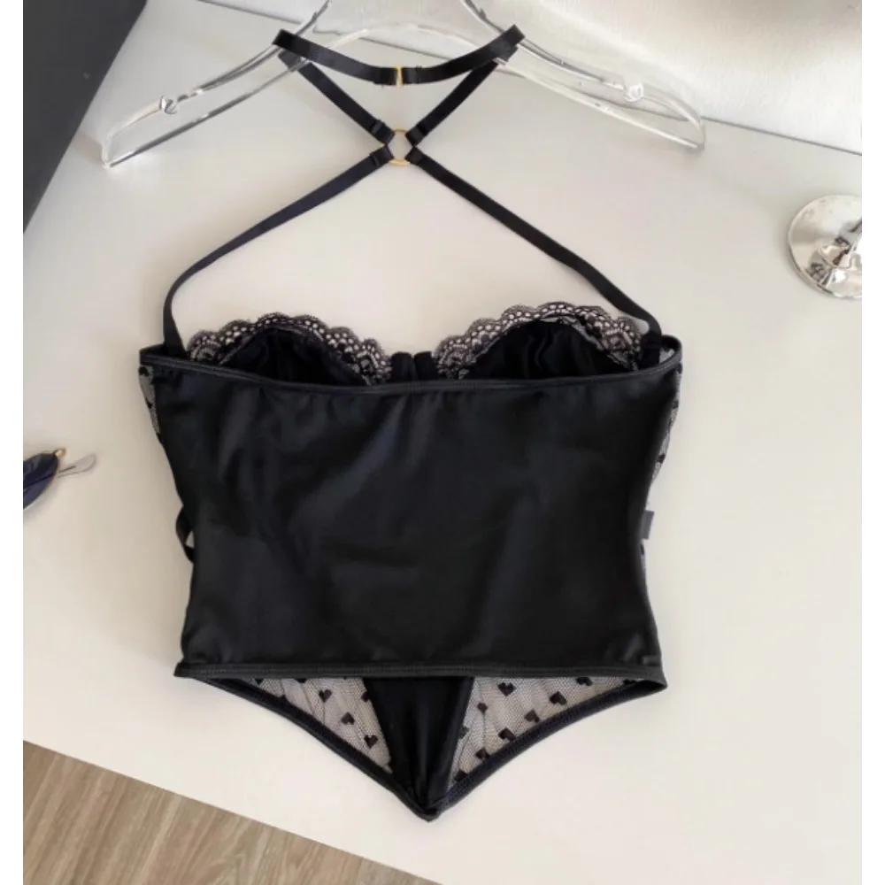 Chic Vintage halter lace sleeveless off shoulder Tank Top Korean Fashion autumn Women Sling Crop Top