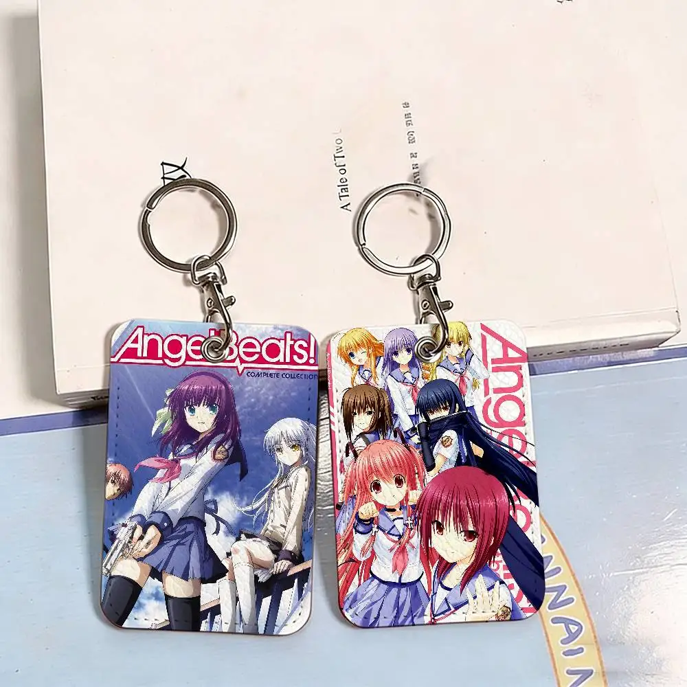 Angel Beats CARTOON 1Pc PU Leather Card Holder Keychain Key Ring Door Lock Access Tags ID Card Case Keychain Card