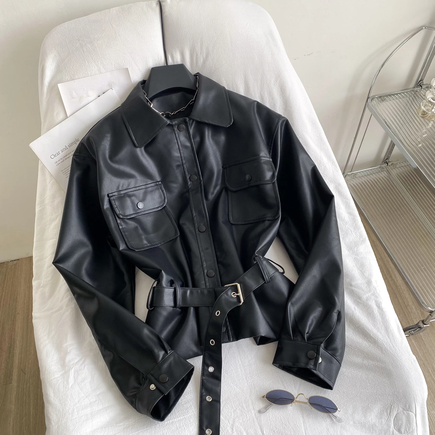 Outono inverno jaqueta de couro feminina moda único breasted turn down collar casacos finos textura macio plutônio versátil outerwear