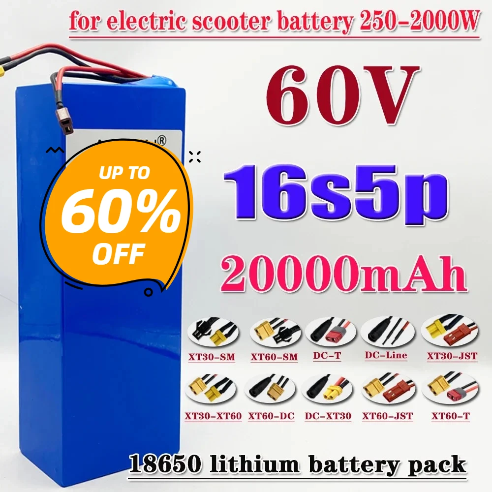 

16S5P Battery Pack 2000W with BMS for Motorcycle, Scooter, Bicycle 60V 20Ah 18650 Rechargeable Li-ion
