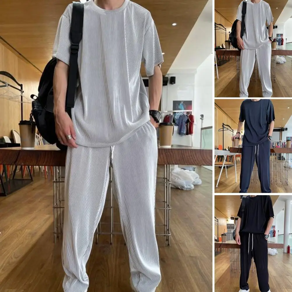 1 Set Attractive Men Top Pants O-Neck Drawstring Simple Washable Crew Neck Top Pants