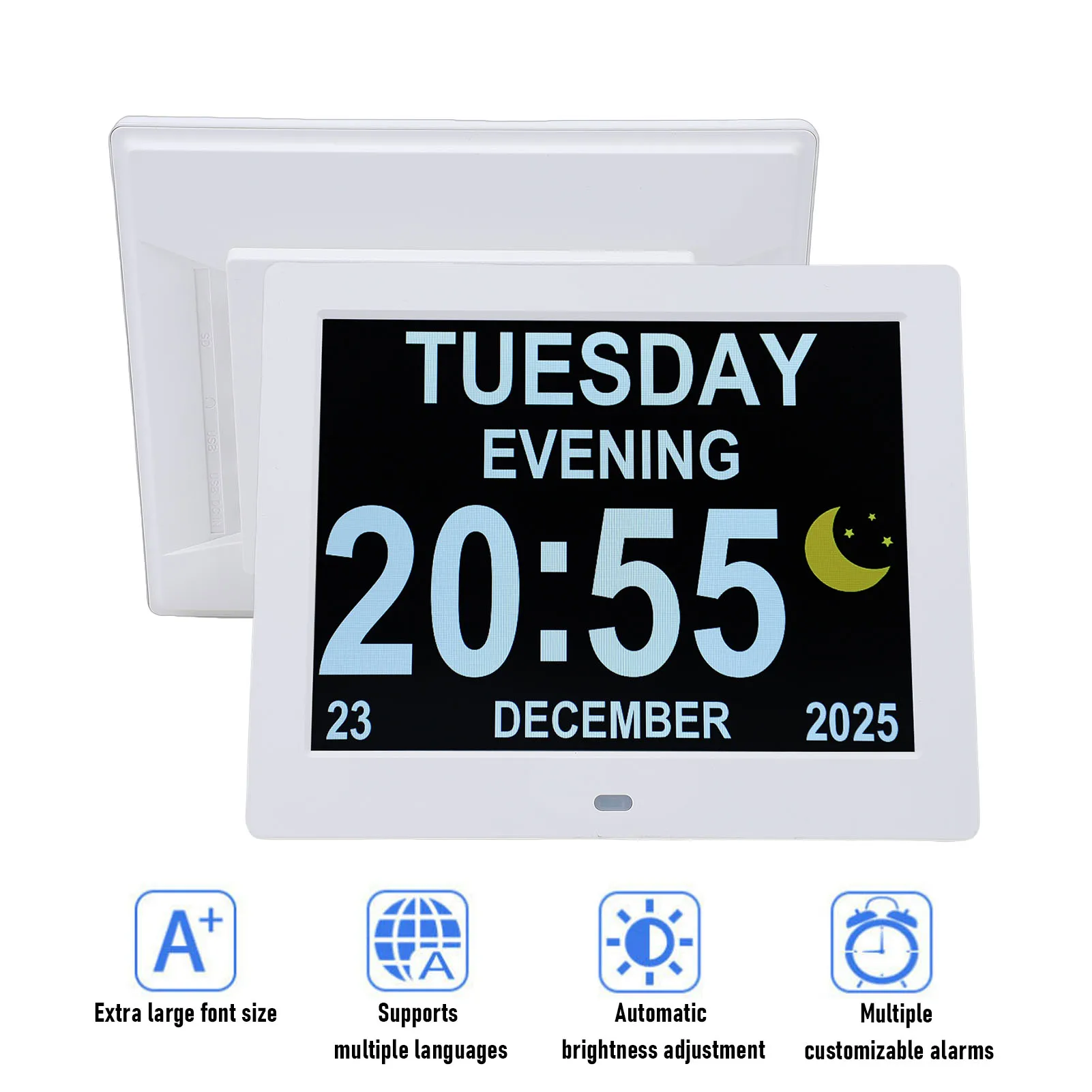 

Digital Calendar Clock with Day Date 8 Inch Large Screen Display Auto Dimming Picture Video Play Remote Control Alarm Clock