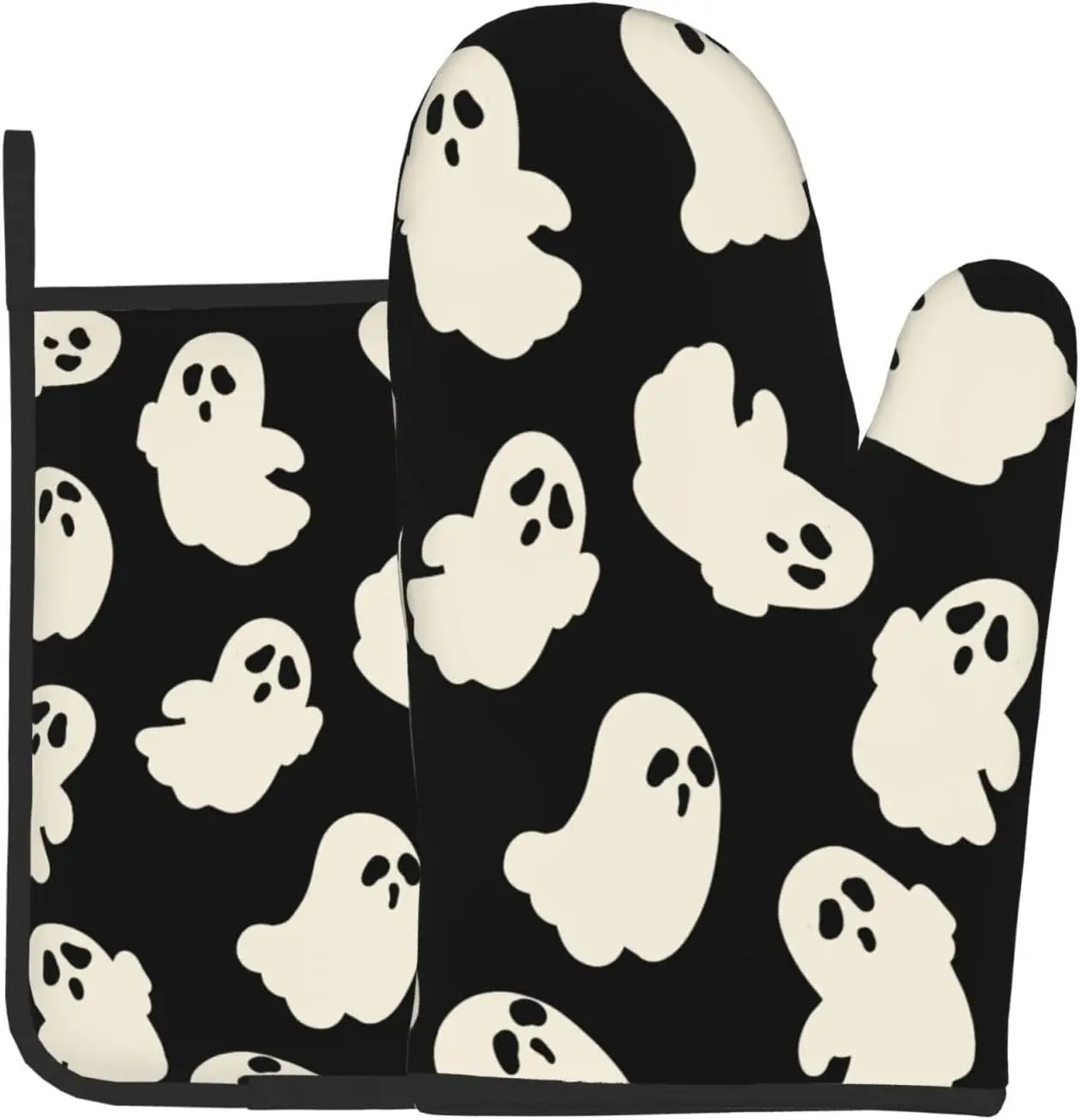 Halloween Oven Mitts and Pot Holders Sets Cute White Ghost Oven Mitts Heat Resistant Spooky Cartoon Kitchen Gloves Hot Pads