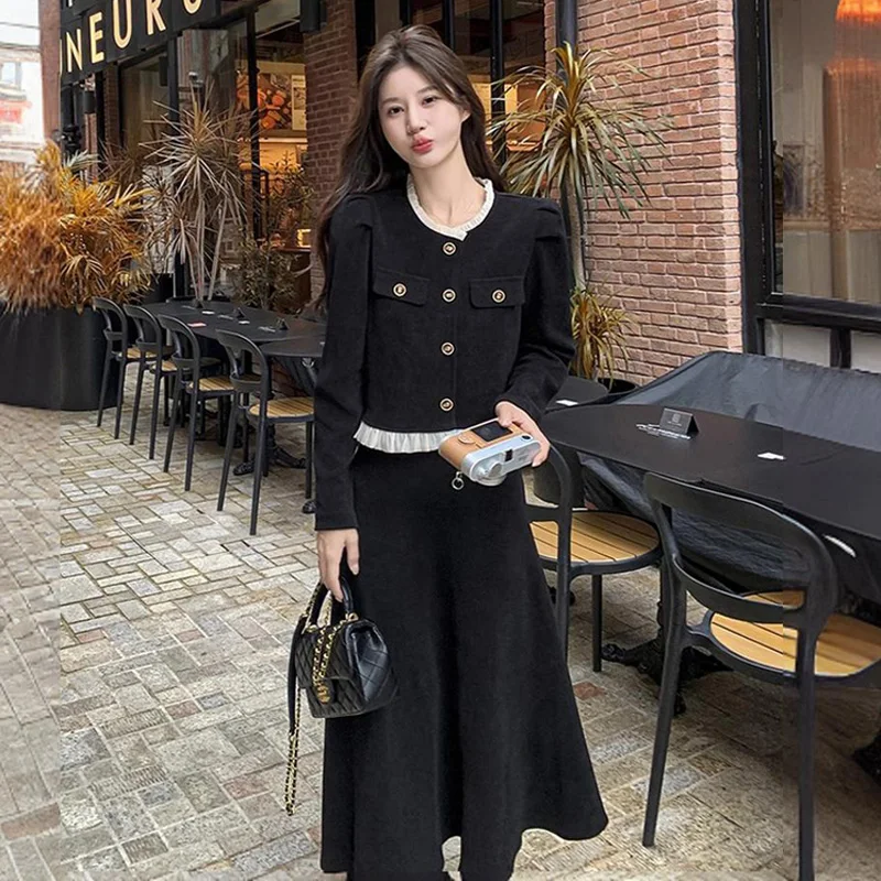 MiiiiX Office Lady Elegant Style Short Jacket Skirt Suit Women's 2024 Autumn Ruffles Design Corduroy Coat Skirt Two-piece Set