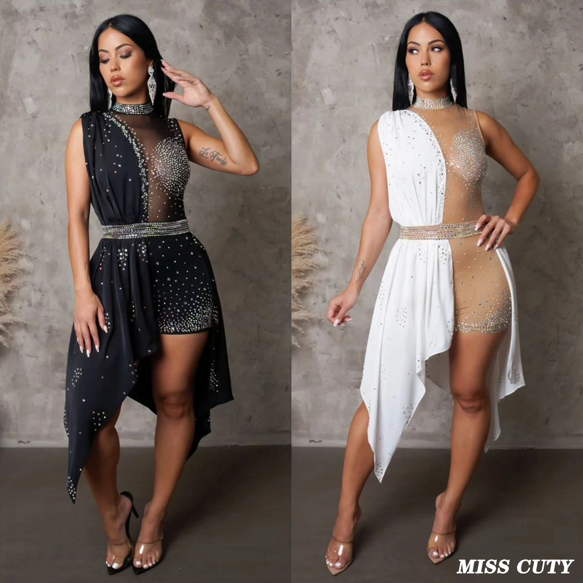 

Women's Rhinestone Sexy Jumpsuits Elegant Rompers One Piece Bodycon Ruffle Jumpsuit Playsuits Fall Clothes 2023