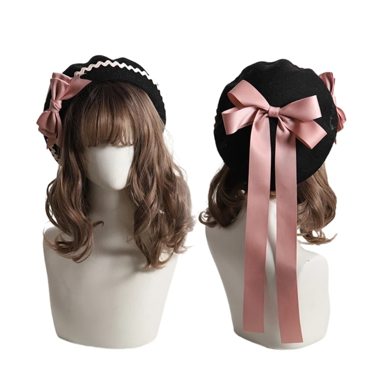 Lolita Ribbon Bowknot Beret Cap Anime Maid Cosplay Octagonal Hat Women Cool Girl Spring Autumn Painter Hat for School Shopping