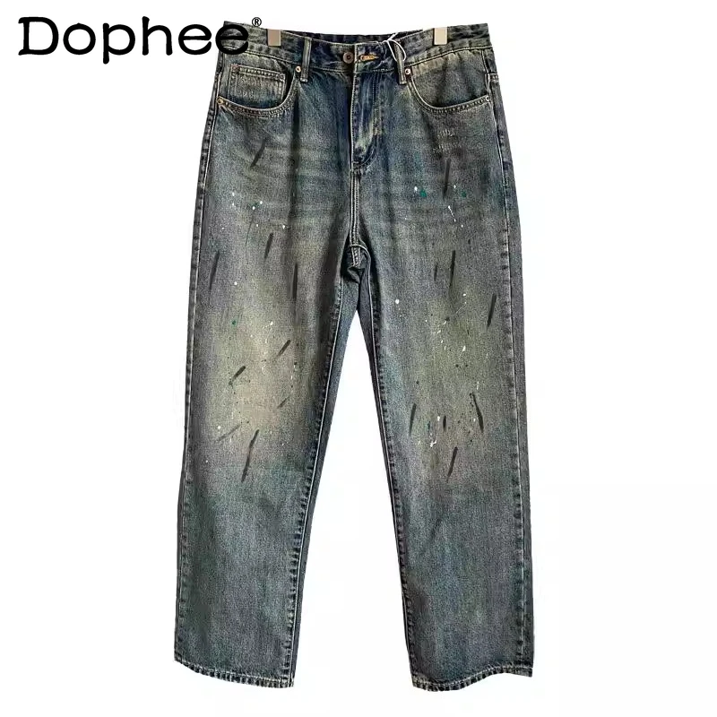

Мужские джинсы с эффектом брызг краски, весна-осень 2026, комфортные, стильные, прямые, свободные, универсальные, широкие, в уличном стиле