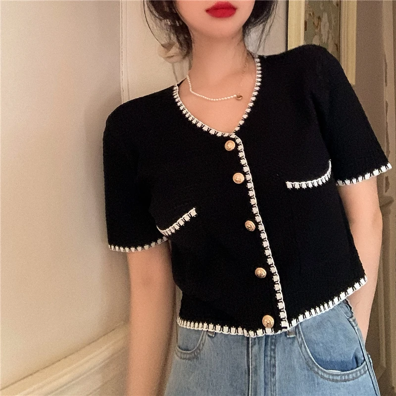 

Женский летний вязаный кардиган из ледяного шелка ort Sve V-Ne, корейский топ на пуговицах, однотонный топ стандартного кроя