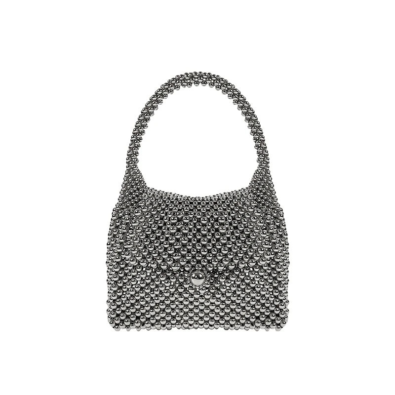Retro fashion silver sparkling lightweight portable handmade bead bag handbag casual versatile woven bag dinner bag