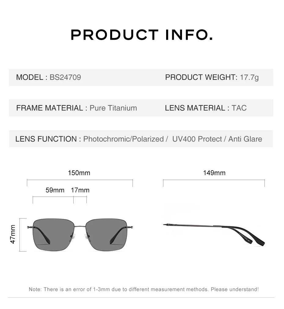 CAPONI Polarisierte Herren-Sonnenbrille aus reinem Titan, leicht, für den Außenbereich, photochrom, grau, blendfrei, UV400, schwarze Farbtöne, BS24709 – Detail 10