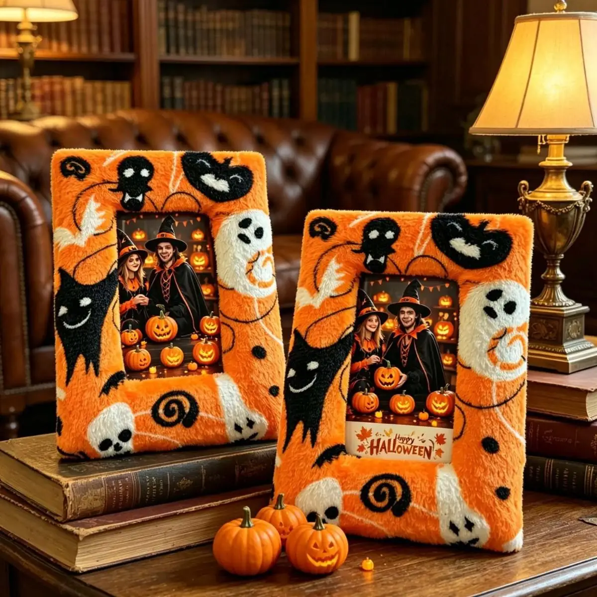 6/7/8 Inches Orange Plush Photo Frame With Density Board Border. Square Halloween European Fabric Decorative Frame.