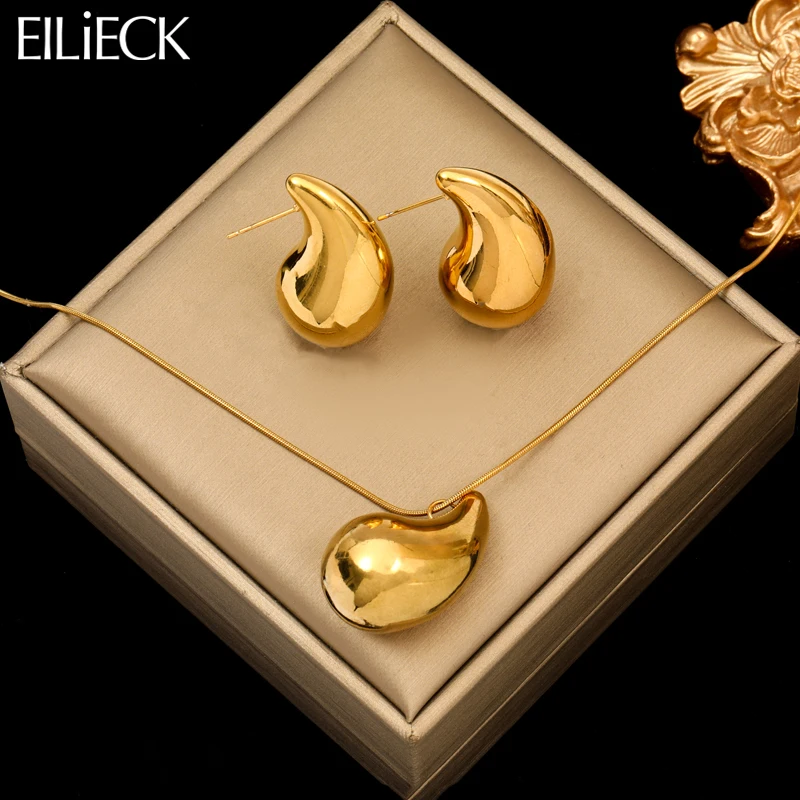 EILIECK 316L Stainless Steel Gold Color Water Drops Necklace Earrings Trendy For Women New Party Gift Waterproof Jewelry Set