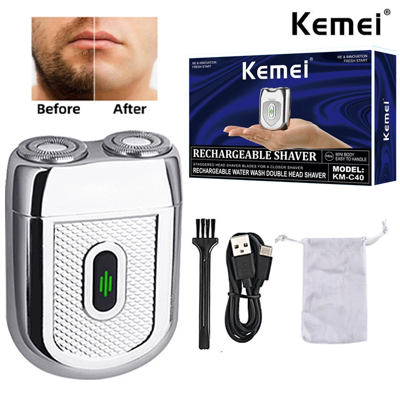 Kemei KM-C40 Electric Waterproof Shaver For Men USB Rechargeable Portable Rotary Double-head Shaver Mini pocket shaver