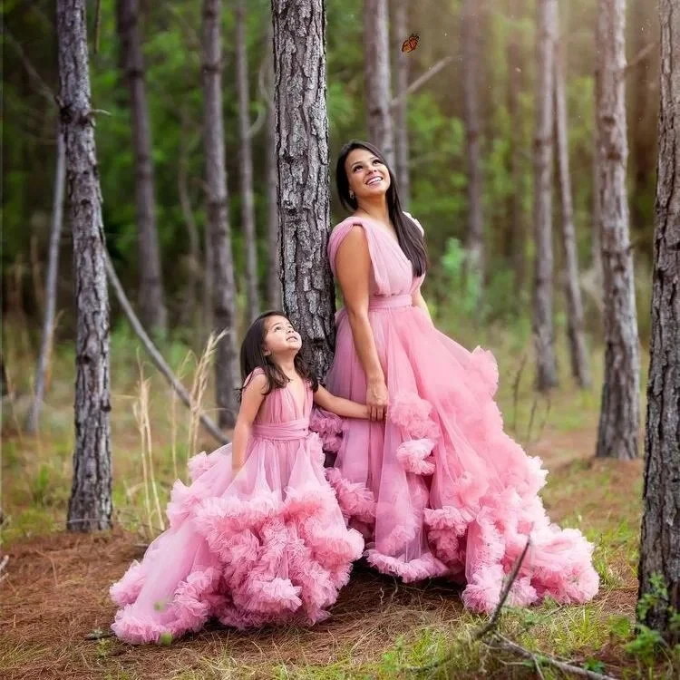Sleeveless Fluffy Mesh Tutu Dress Mom and Daughter Princess Dress Fancy Prom Vestidos Elegant Pregnant Puffy Photoshoot Dresses