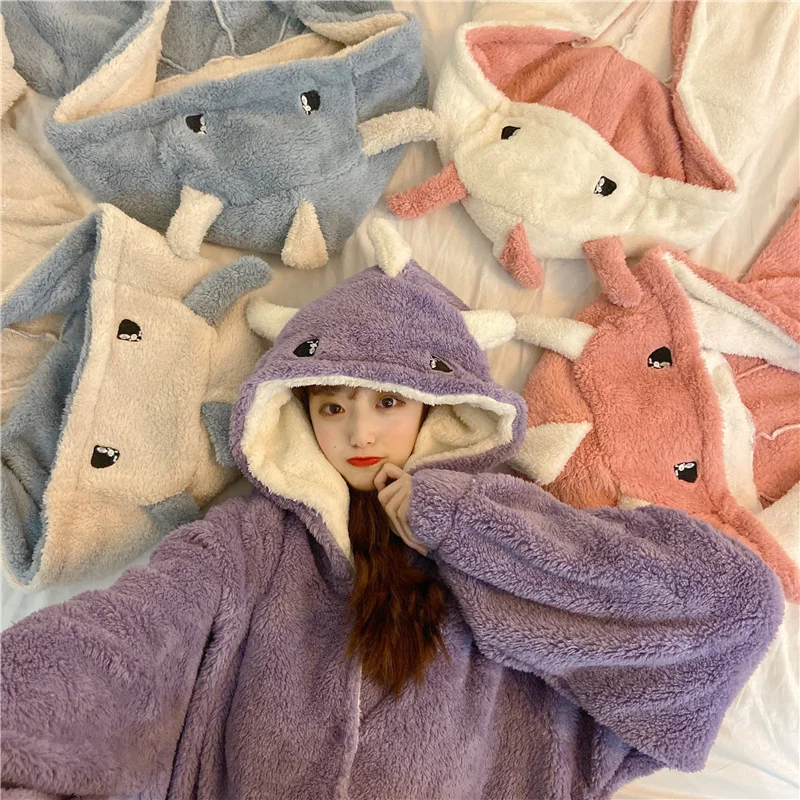 Autumn Winter Women Cute Pajamas Cartoon Ears Hooded Sleepwear Coral Fleece Lady Home Clothes Female Sweet Warm Lounge Pyjamas