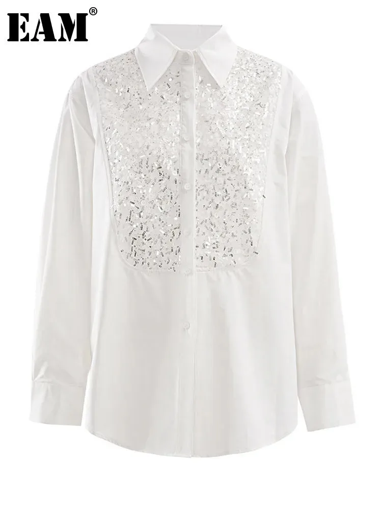 

[EAM] Women White Sequins Shining Big Size Casual Blouse New Lapel Long Sleeve Shirt Fashion Tide Spring Autumn 2024 CP6A0009