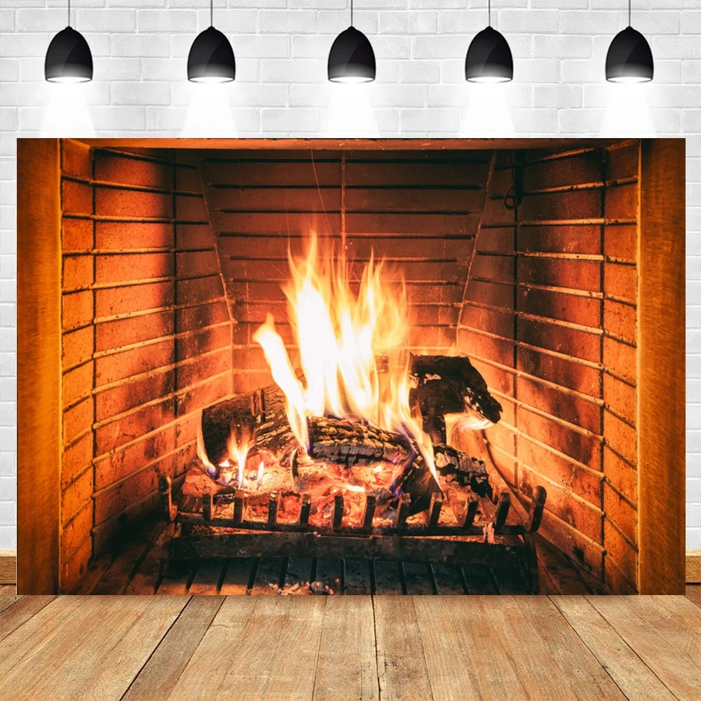 Burning Flame Photography Backdrop Winter Christmas Brick Fireplace Wood Fire Wallpaper Adults Baby Portrait Photo Background