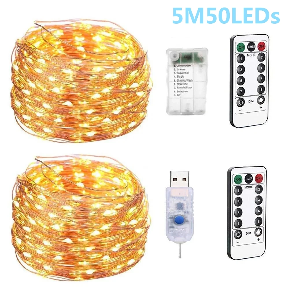 5M 50LEDs Lights String Remote Control Fairy Light USB Battery Operated LED String Lamp Timer Copper Wire Christmas Decoration